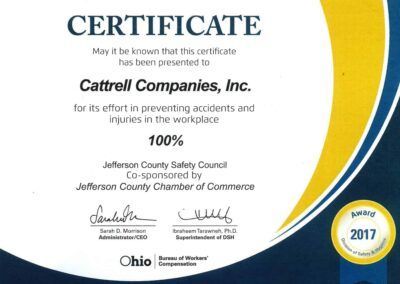 Certificate for Cattrell Companies, Inc. from Jefferson County Safety Council, blue and gold design, 2017 seal