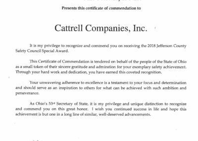 Certificate of commendation for Cattrell Companies, Inc. with a Texas state seal and formal award text