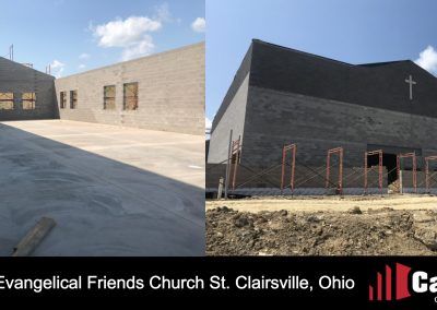 Evangelical Friends Church in St. Clairsville, Ohio under construction, with brick exterior and cross on facade