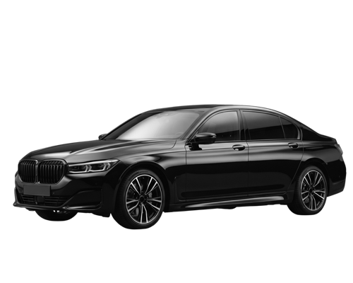Black luxury sedan on a white background, shown in side view.