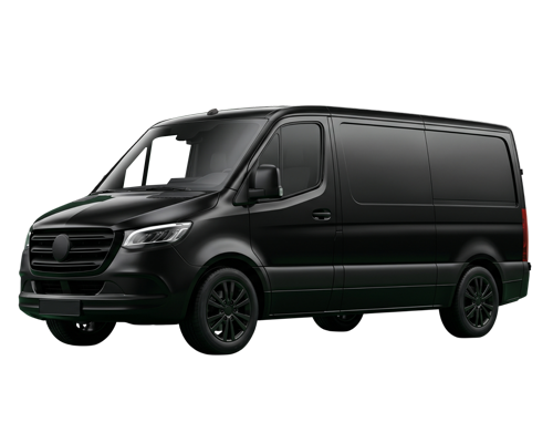 Black Mercedes-Benz cargo van on a white background