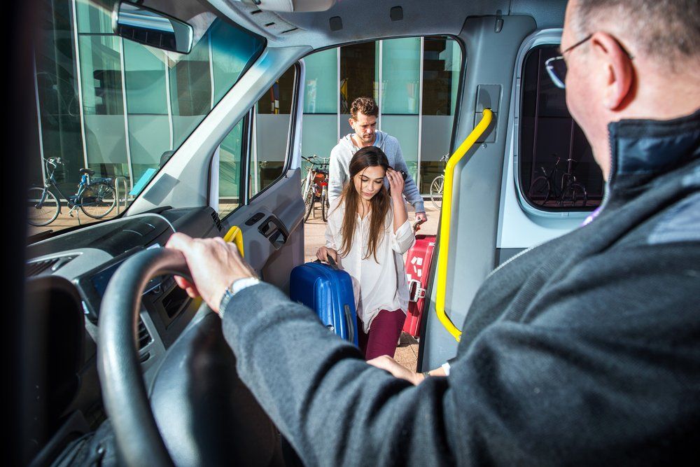 Driver views passengers boarding a wheelchair-accessible van via the open side door.