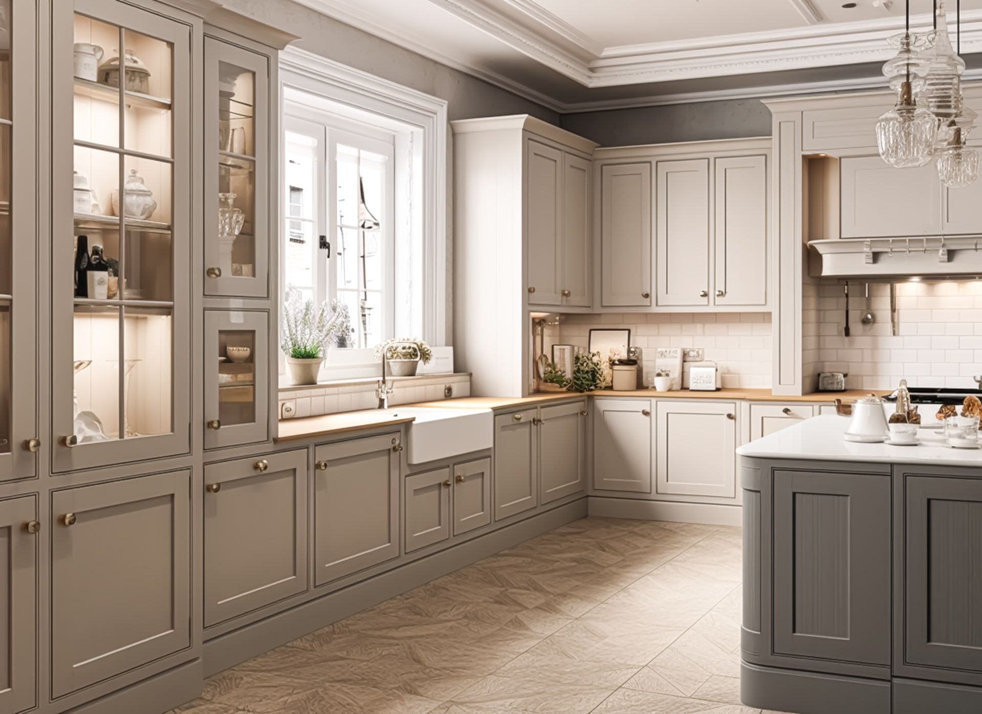 A kitchen with gray cabinets , white cabinets , a sink , and a large island.