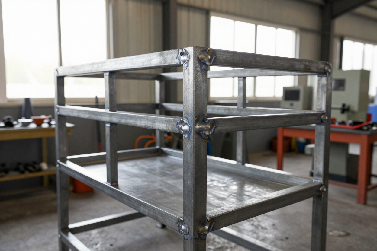 Estructura metálica para estanterías en un taller industrial, mostrada sin terminar y vacía.