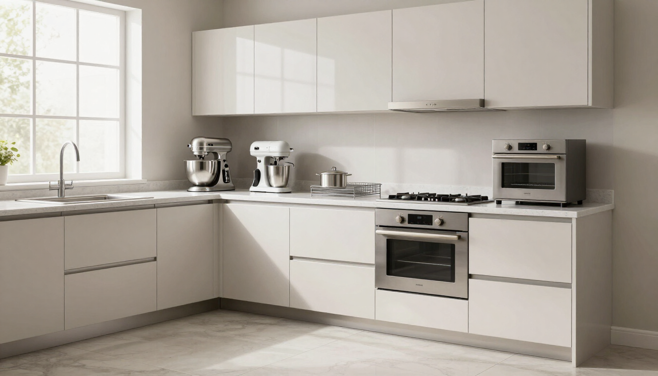Cocina moderna blanca con armarios, ventana, electrodomésticos de encimera, fregadero, placa de cocina y horno.