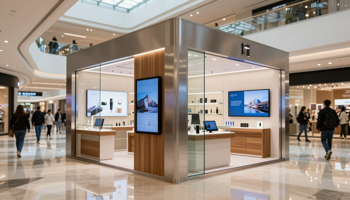 Quiosco de electrónica moderna en un luminoso centro comercial, con detalles en madera