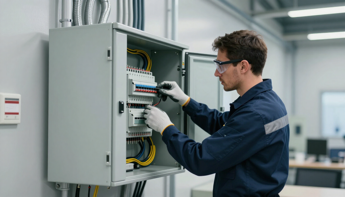 Técnico con mono azul realizando trabajos de cableado en un panel de control eléctrico abierto en un taller.