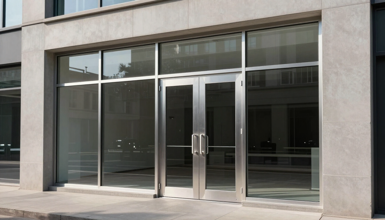Entrada de cristal con puertas dobles y grandes ventanales en la fachada de un edificio de hormigón.