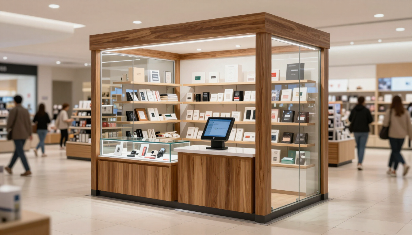 Quiosco de madera en un centro comercial que exhibe aparatos electrónicos y dispositivos.