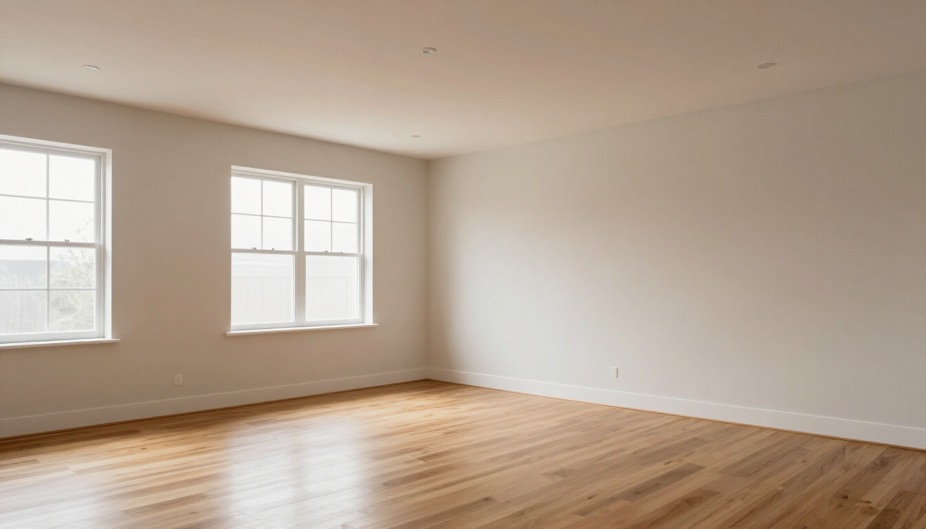 Habitación vacía y soleada con paredes blancas, suelos de madera y dos ventanas.