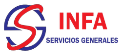 Logotipo de INFA Servicios Generales con una S estilizada en rojo y azul y texto gris.