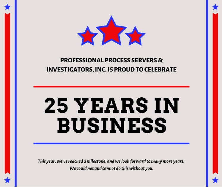 A poster that says `` professional process servers & investigators , inc. is proud to celebrate 25 years in business ''