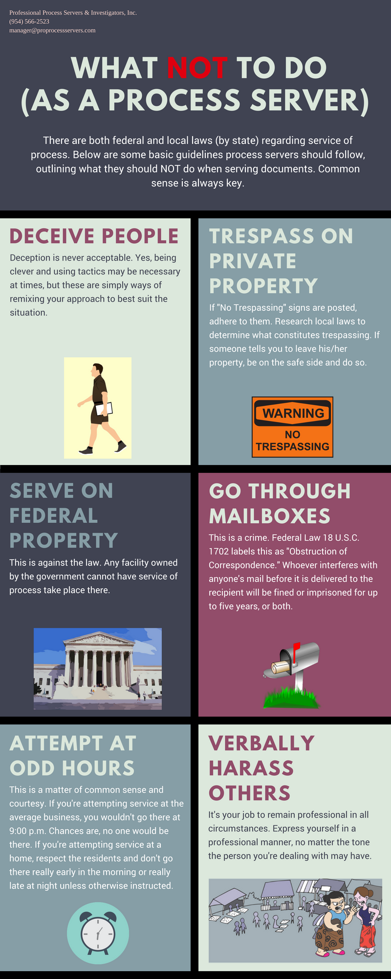 A poster that says what not to do as a process server