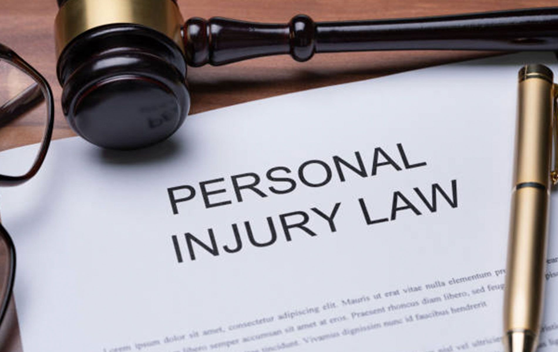 A judge 's gavel is sitting on top of a personal injury law document.