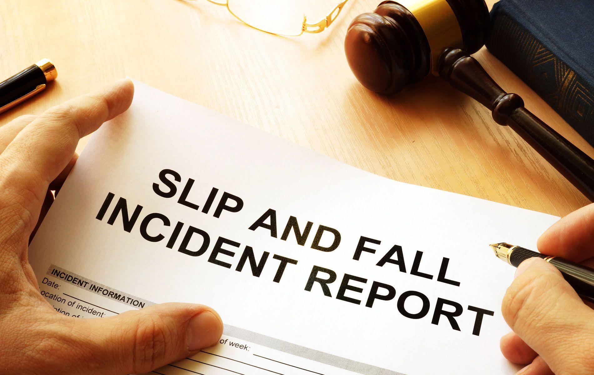 A person is writing on a slip and fall incident report