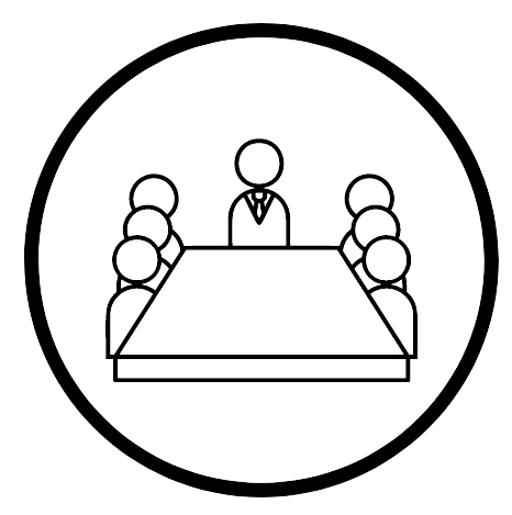 Ícone de reunião com contorno: uma pessoa em uma mesa de conferência com quatro participantes sentados dentro de um círculo.