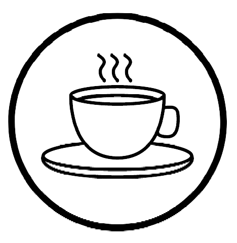 Ícone de linha preta representando uma xícara de café fumegante sobre um pires dentro de um círculo.