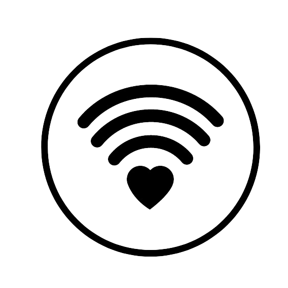 Símbolo preto do Wi-Fi com um coração dentro de um círculo sobre um fundo branco.