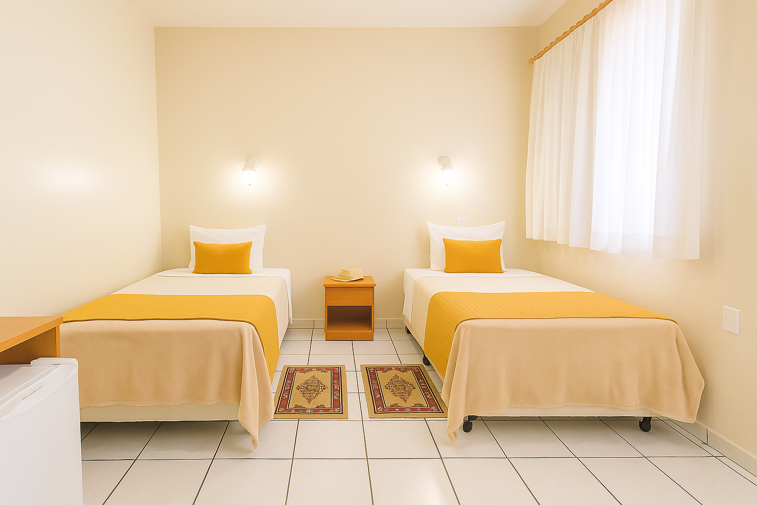 Quarto luminoso com duas camas de solteiro, roupa de cama amarela, piso de azulejo e luz solar entrando pela janela.