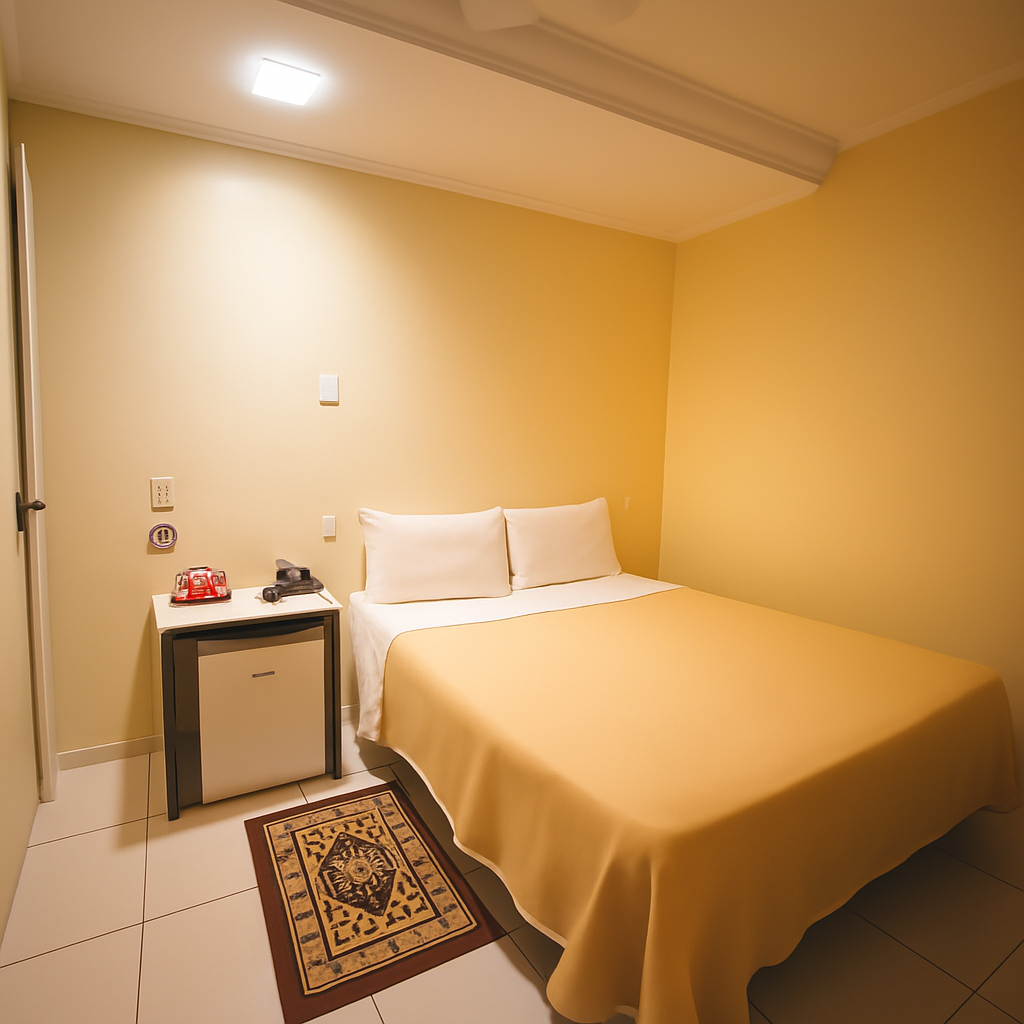 Quarto de hotel pequeno, bege, com cama de casal, mesa de cabeceira, tapete e luminária de teto.