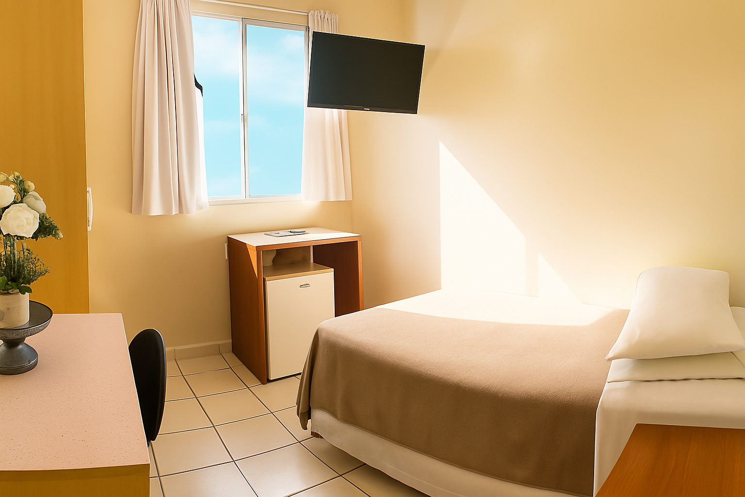 Quarto pequeno e ensolarado com uma cama de solteiro, mesa de cabeceira, janela e piso de azulejo.