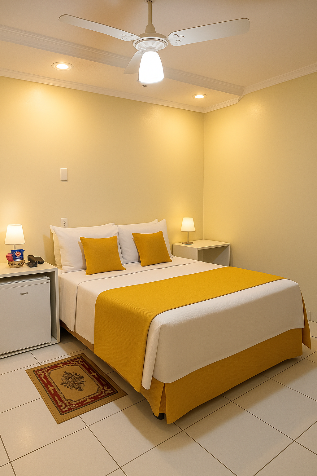 Quarto bem arrumado com roupa de cama branca e mostarda, abajures, piso de azulejo e ventilador de teto.