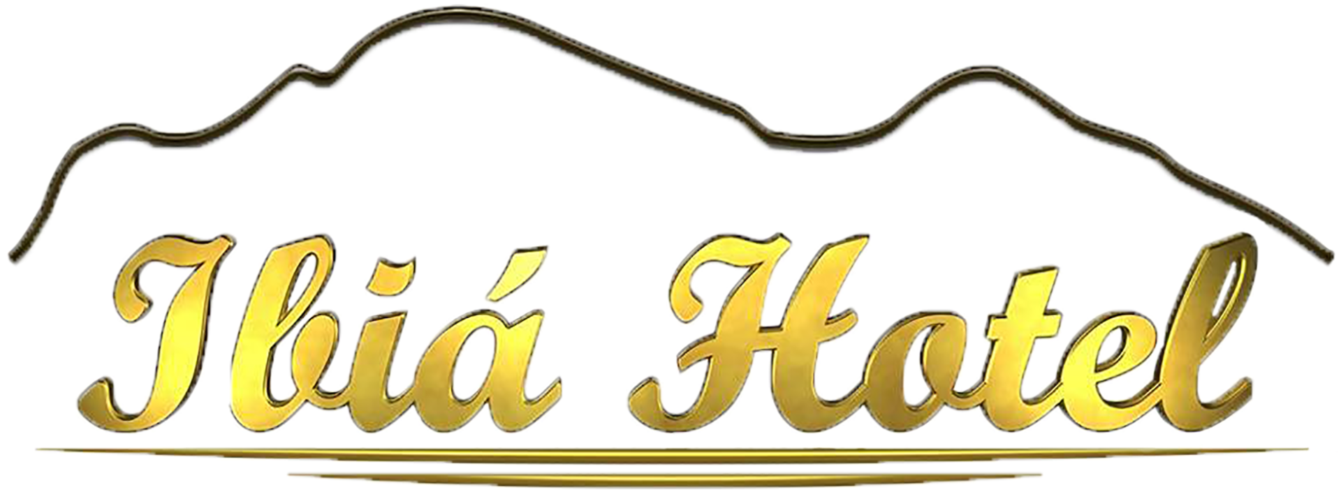 Logotipo do Hotel Ibia em texto cursivo dourado com uma linha de telhado preta acima.
