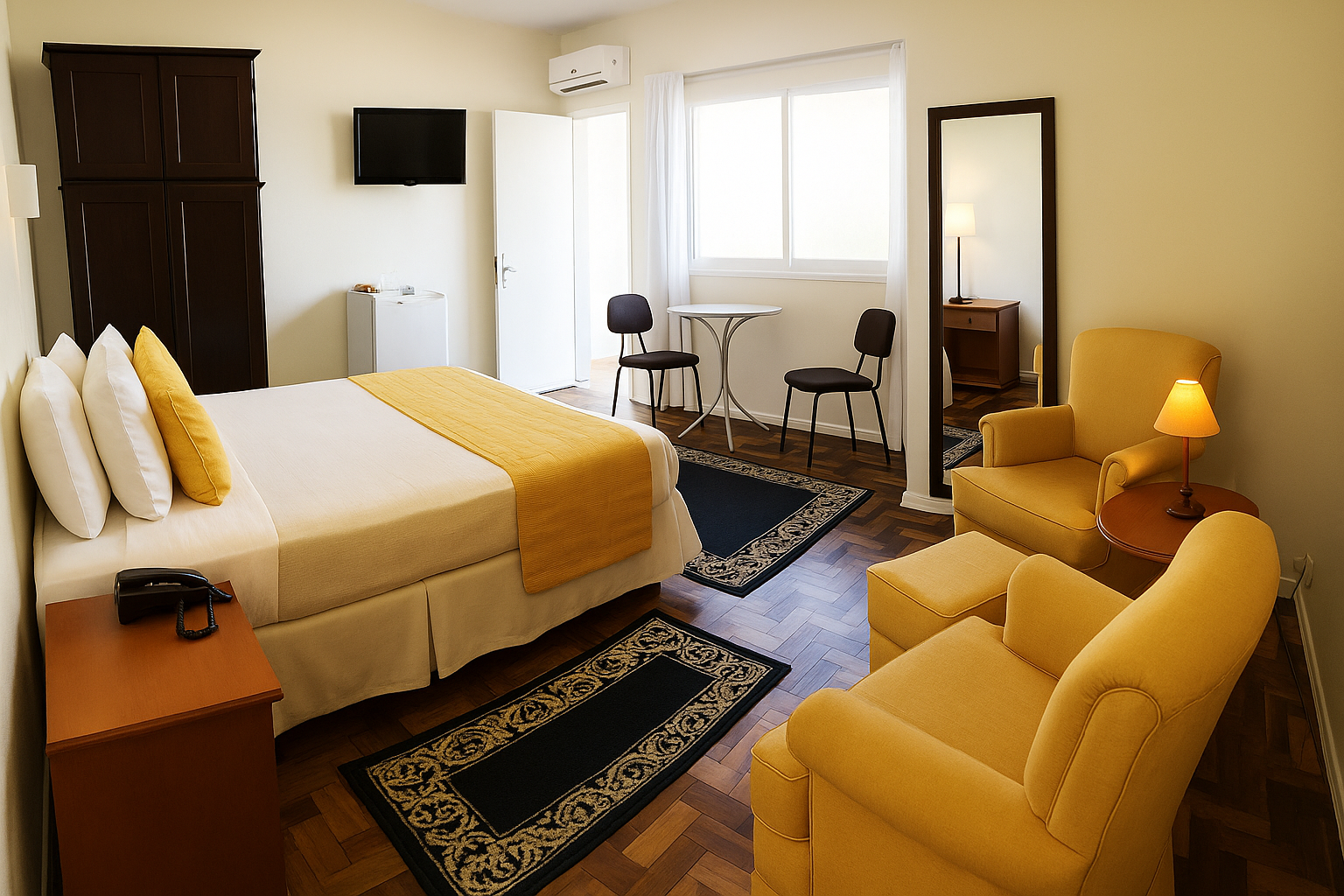 Quarto de hotel aconchegante com cama king-size, cadeiras amarelas, escrivaninha, TV e luz natural através da janela.