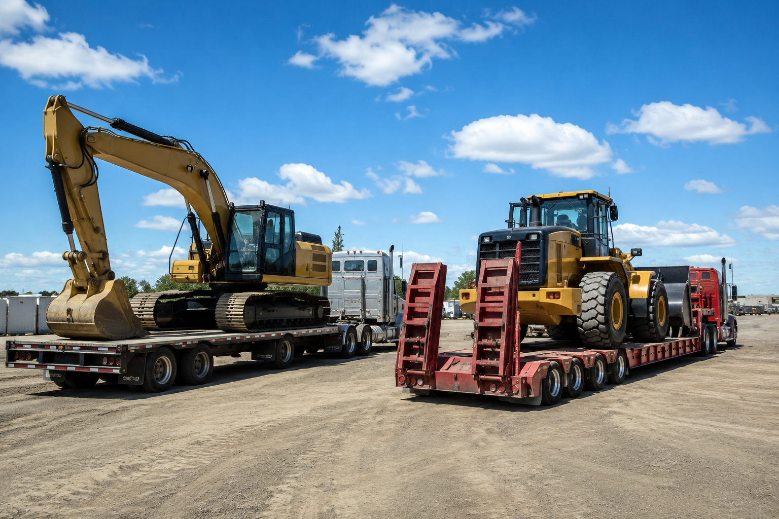 Two heavy excavators loaded on red lowboy trailers in a gravel lot under a blue sky.