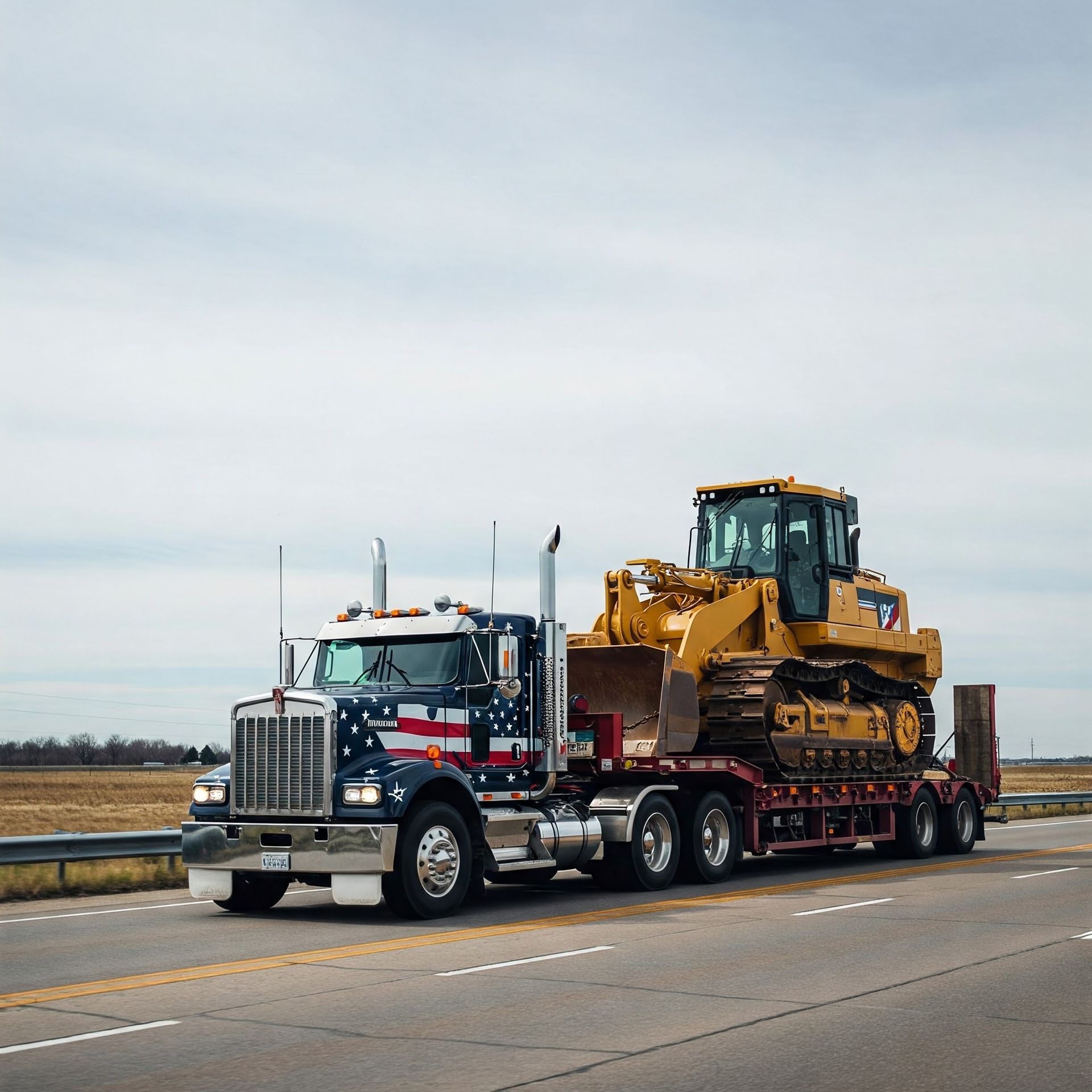 Semi-truck hauling a yellow bulldozer on a trailer along a highway under a cloudy sky