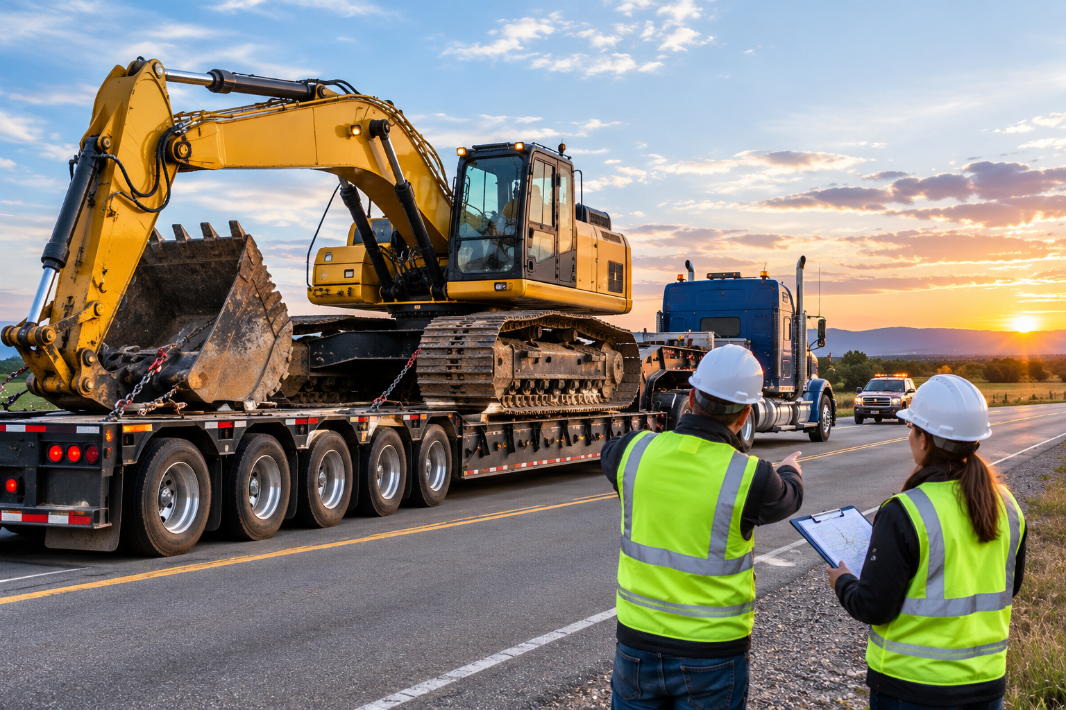 Workers inspect a yellow excavator loaded on a flatbed truck at sunset on a highway construction site