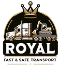 Logo: Gold crown over a semi-truck carrying an excavator, with the word