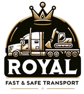 Logo: Gold crown over a semi-truck carrying an excavator, with the word