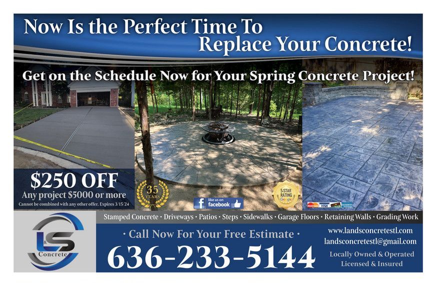 L & S Concrete featured in Home Magazines' St. Louis MO & St. Charles County MO Issues for patios, firepits, driveways