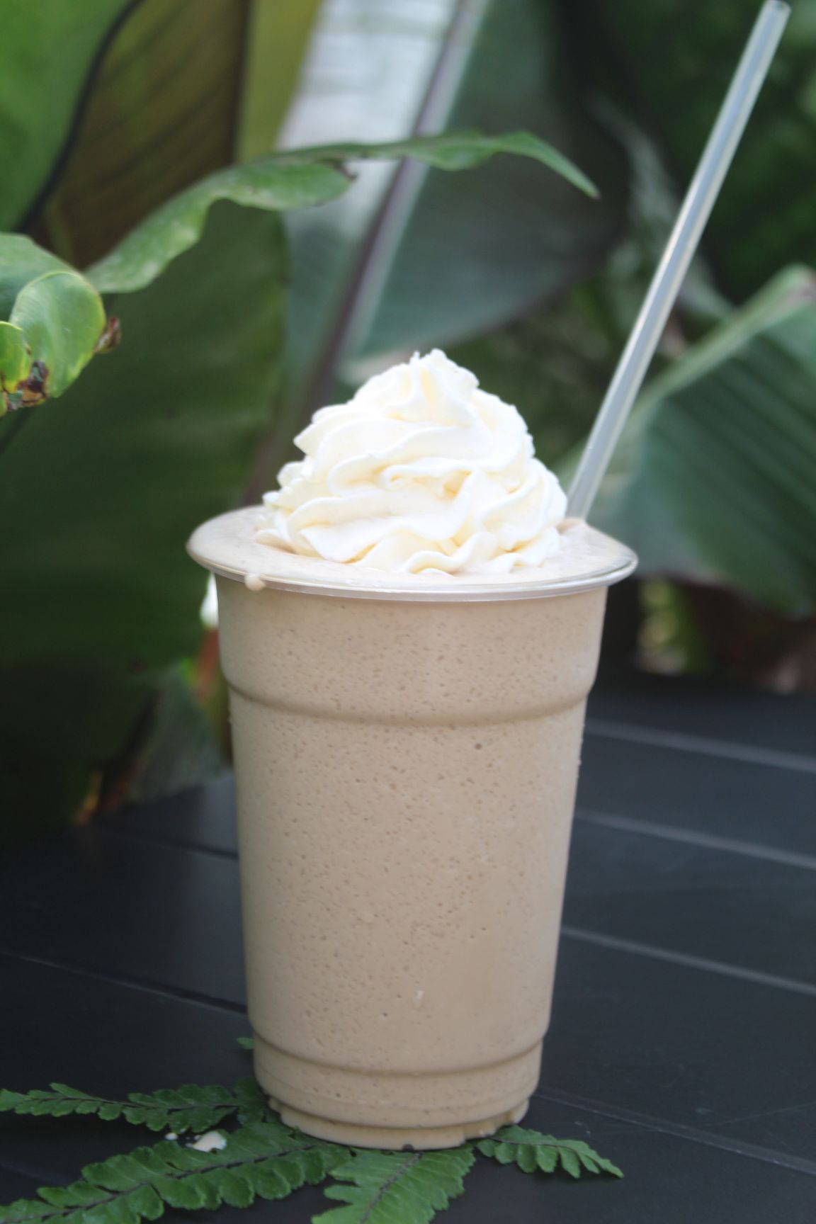 Iced coffee drink with cinnamon on top, next to pumpkins and yellow flowers on black.