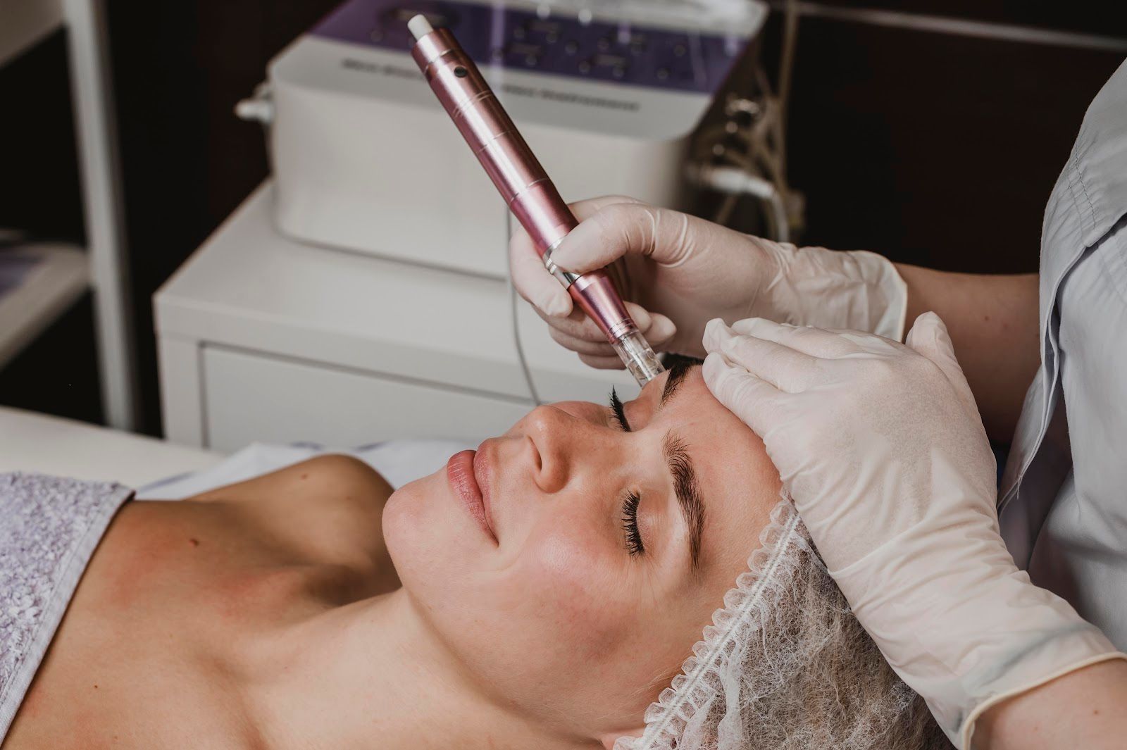 Aesthetic facial treatment with a pen tool applied to a woman’s forehead by a gloved technician