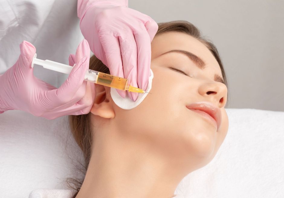 Person receiving injection in the face near the cheek. Pink gloves, cotton pad, syringe with yellow liquid.