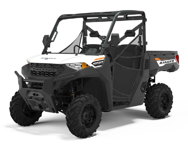 Veicolo utilitario fuoristrada Polaris Ranger bianco e nero.