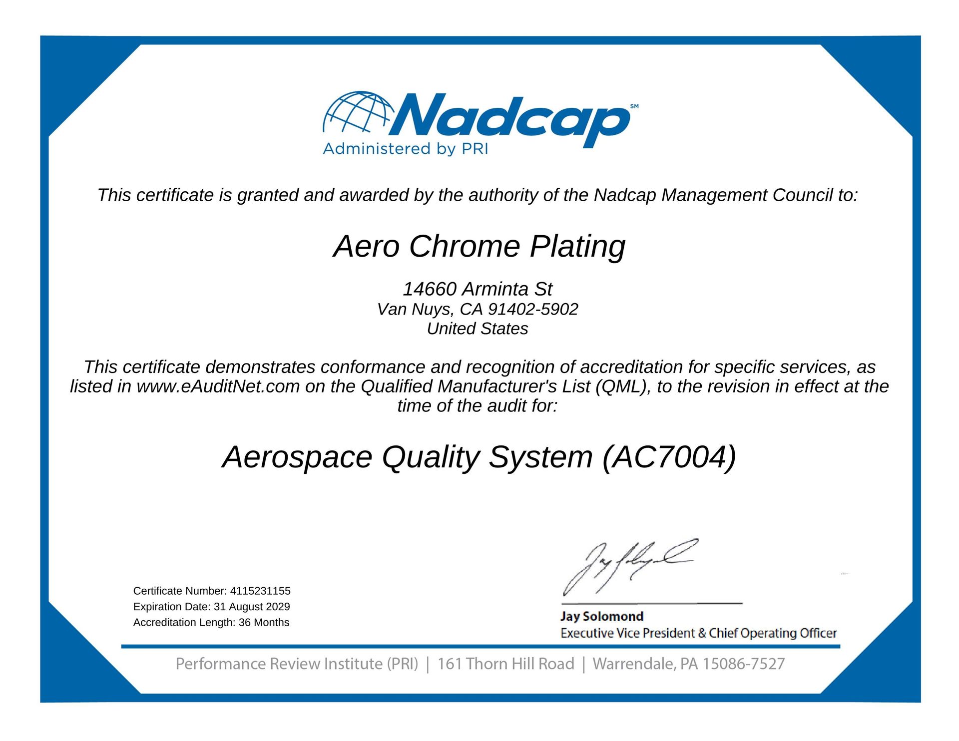 Nadcap certificate for Aero Chrome Plating, blue border, detailing Aerospace Quality System (AC7004) certification.