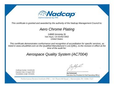 Nadcap certificate for Aero Chrome Plating, blue border, indicating Aerospace Quality System (AC7004) certification.