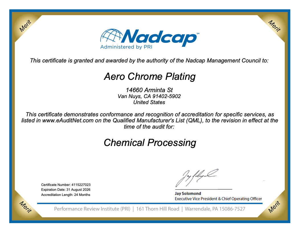 Nadcap certification for Aero Chrome Plating, located in Illinois, for chemical processing.