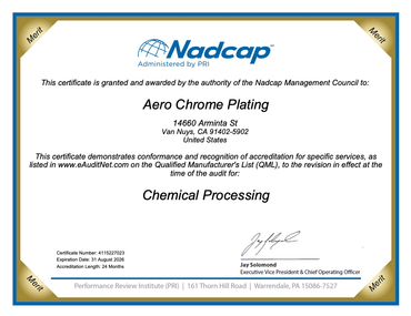 Nadcap certificate for Aero Chrome Plating, confirming accreditation for chemical processing.