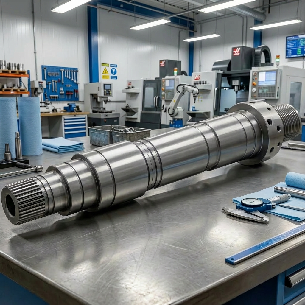 Large metal shaft on a workbench in a machine shop, surrounded by tools and machinery.