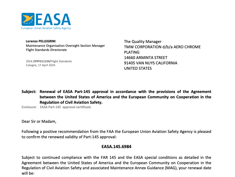 EASA letter on renewed EASA Part-145 approval for maintenance organization