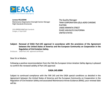 EASA letter: renewal of Part-145 approval. Addressed to BMW Corporation, AERO CHROME PLATING, in the United States.