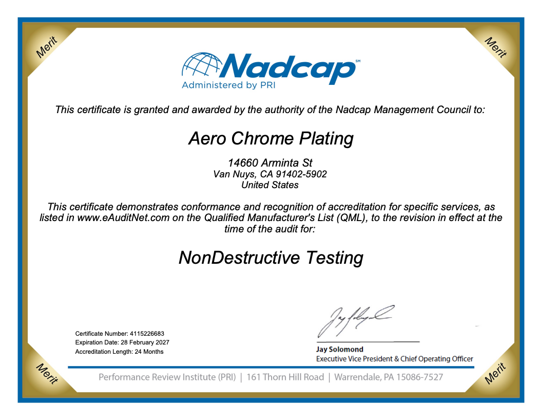 Nadcap certificate for Aero Chrome Plating, located in New York, for NonDestructive Testing.