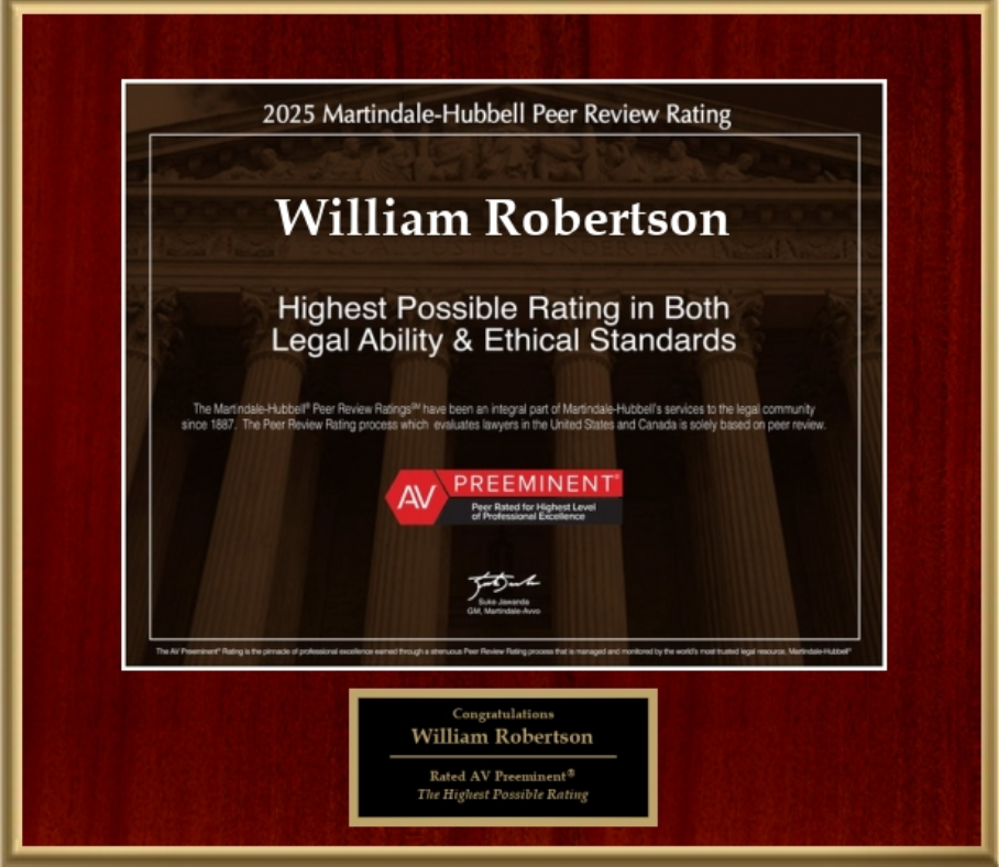 A framed certificate that says william robertson highest possible rating in both legal ability and ethical standards