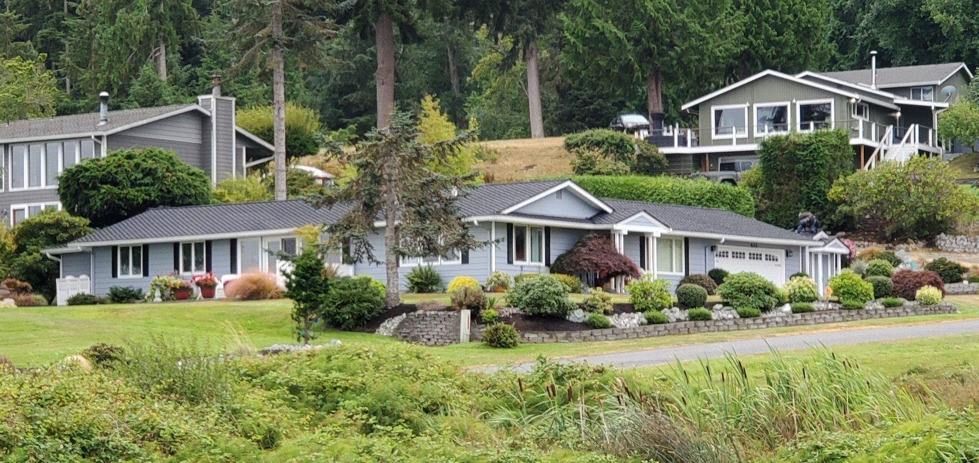 A row of houses are sitting on top of a lush green hillside.