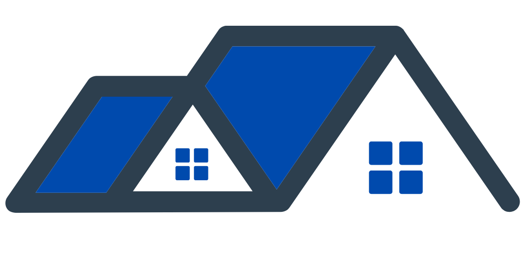 A blue and white house with a blue roof and two windows.