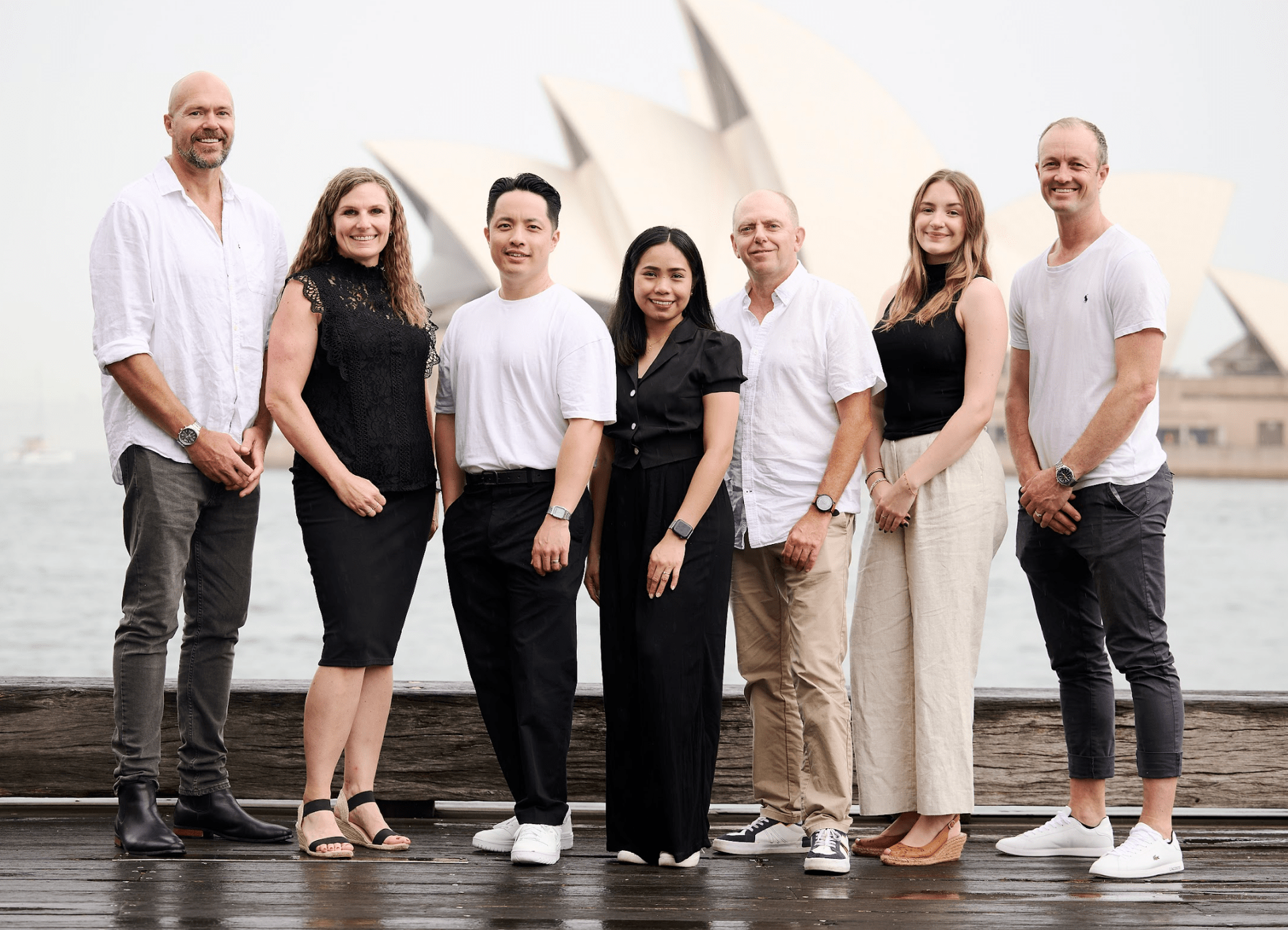 A group of seven people stand smiling in front of the Sydney Opera House on a pier.